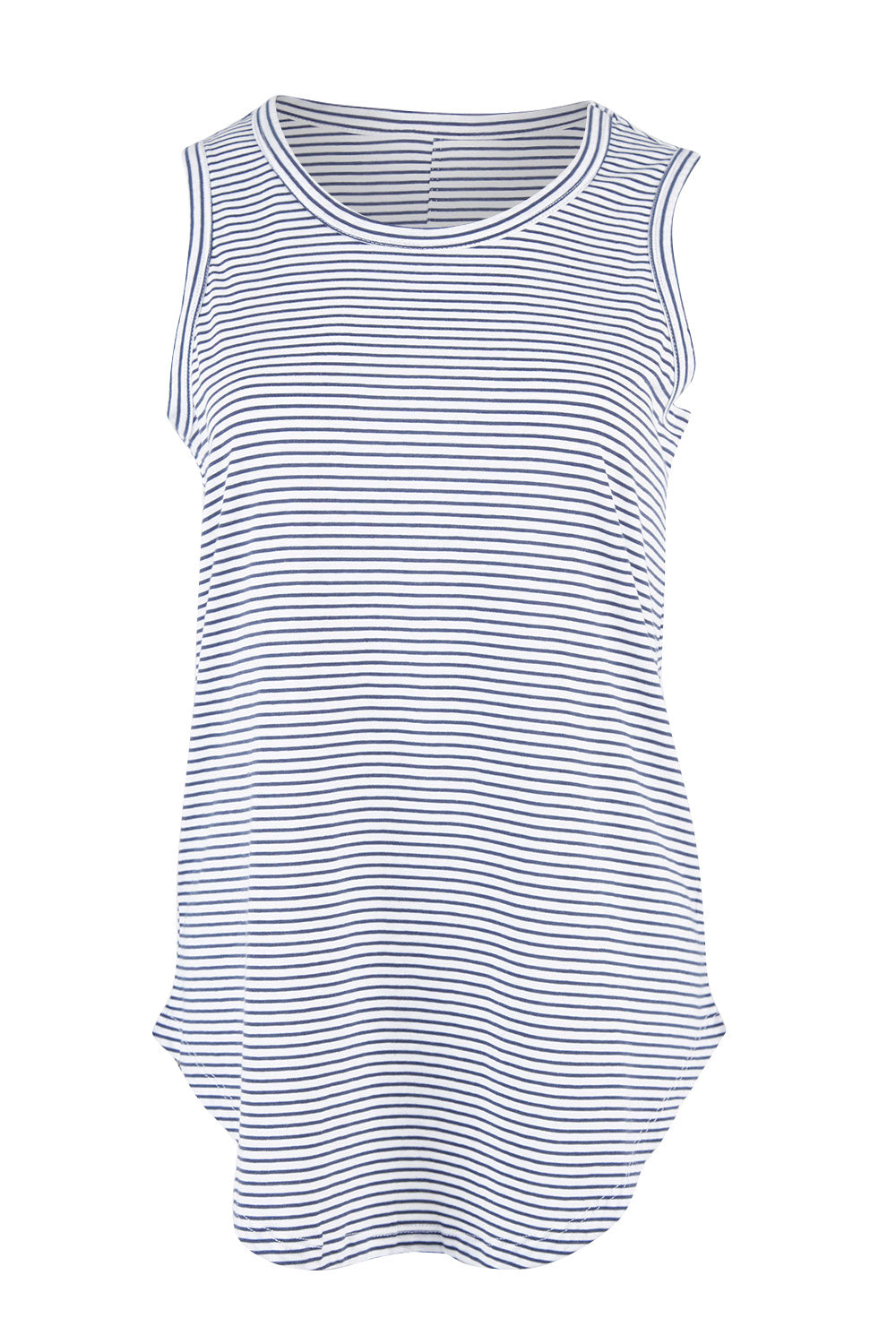 Product shot of the Keira Tank in colour Indistripe (Blue), from the front