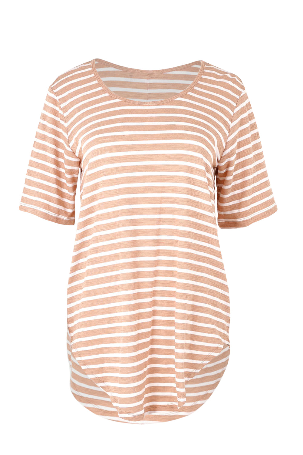 Product shot of the Ariana Cotton Tee in colour Beigestrip, from the front