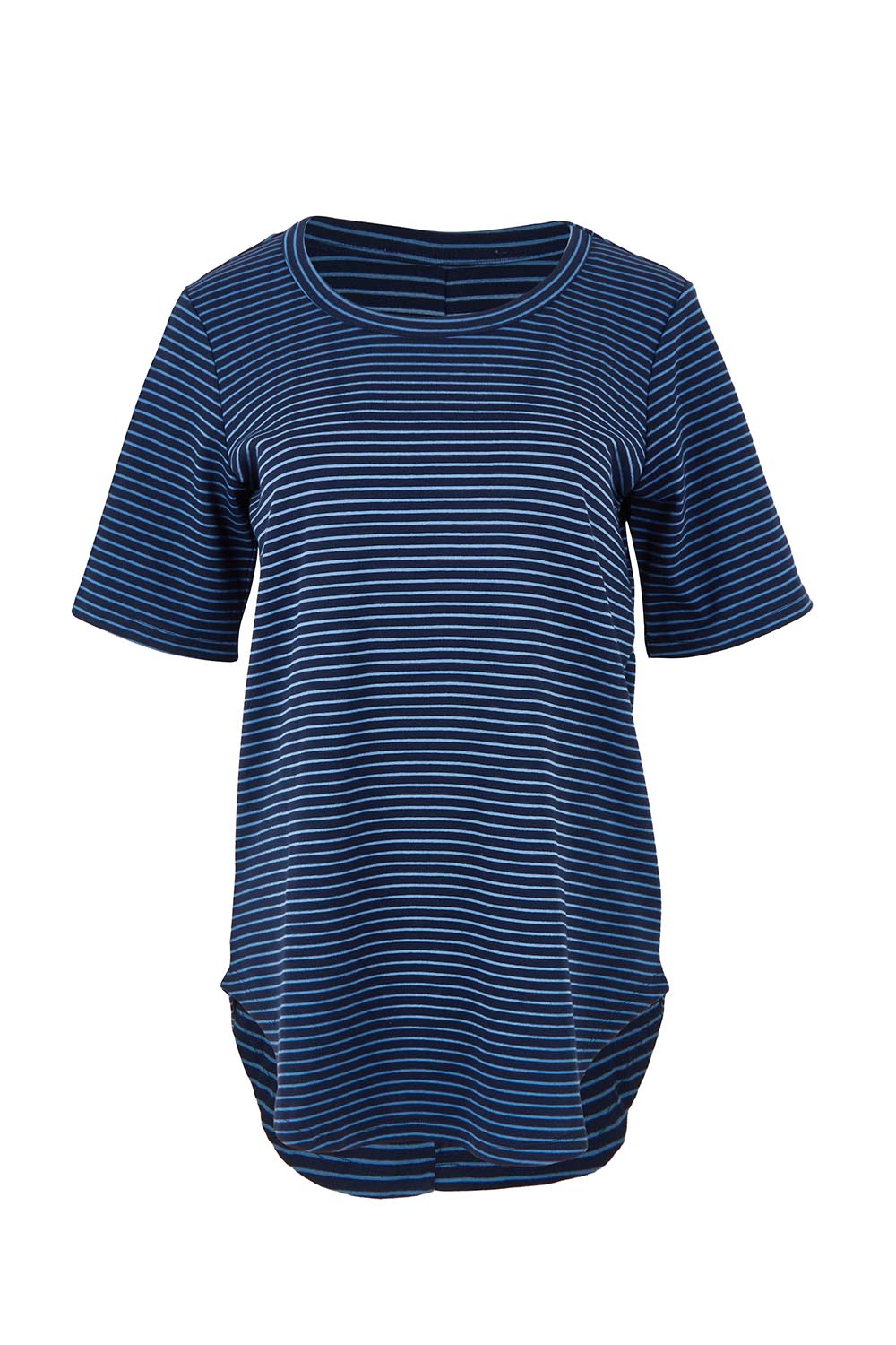 Product shot of the Ariana Cotton Tee in colour Bluestripe (Blue), from the front