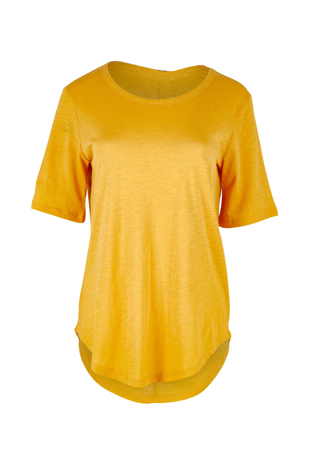 Product shot of the Ariana Tee in colour Mustard, from the front