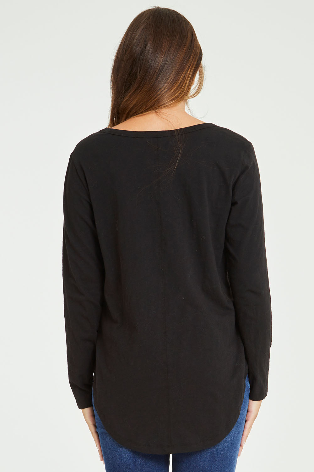 Model Tahlia wearing size 10 of the Megan L/S Top in colour Stripestar (Black), from the back