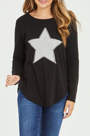 Model Tahlia wearing size 10 of the Megan L/S Top in colour Stripestar (Black), from the front, cropped image