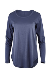 Product shot of the Megan Long Sleeve Top in colour Indiblue (Blue), from the front