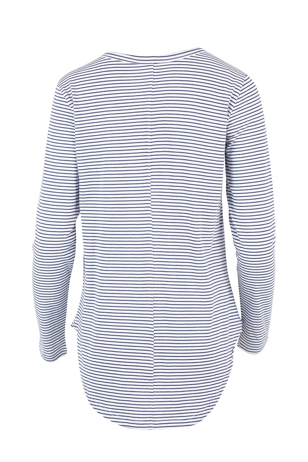 Product shot of the Megan Long Sleeve Top in colour Indistripe (Blue), from the back