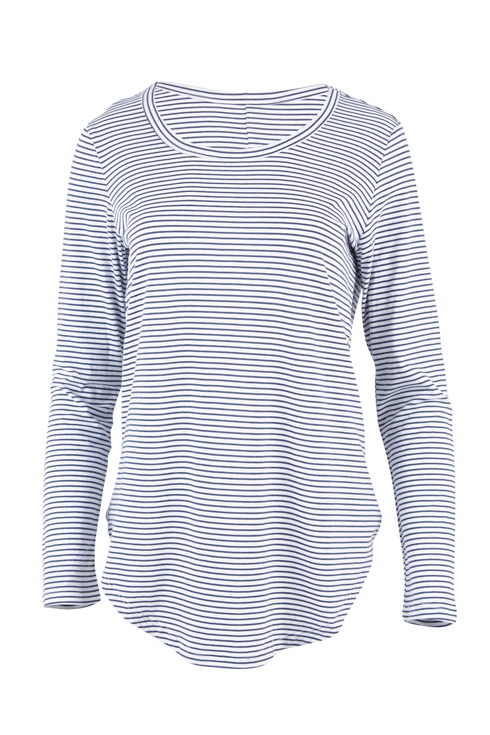 Product shot of the Megan Long Sleeve Top in colour Indistripe (Blue), from the front