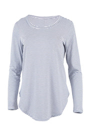 Product shot of the Megan Long Sleeve Top in colour Indistripe (Blue), from the front