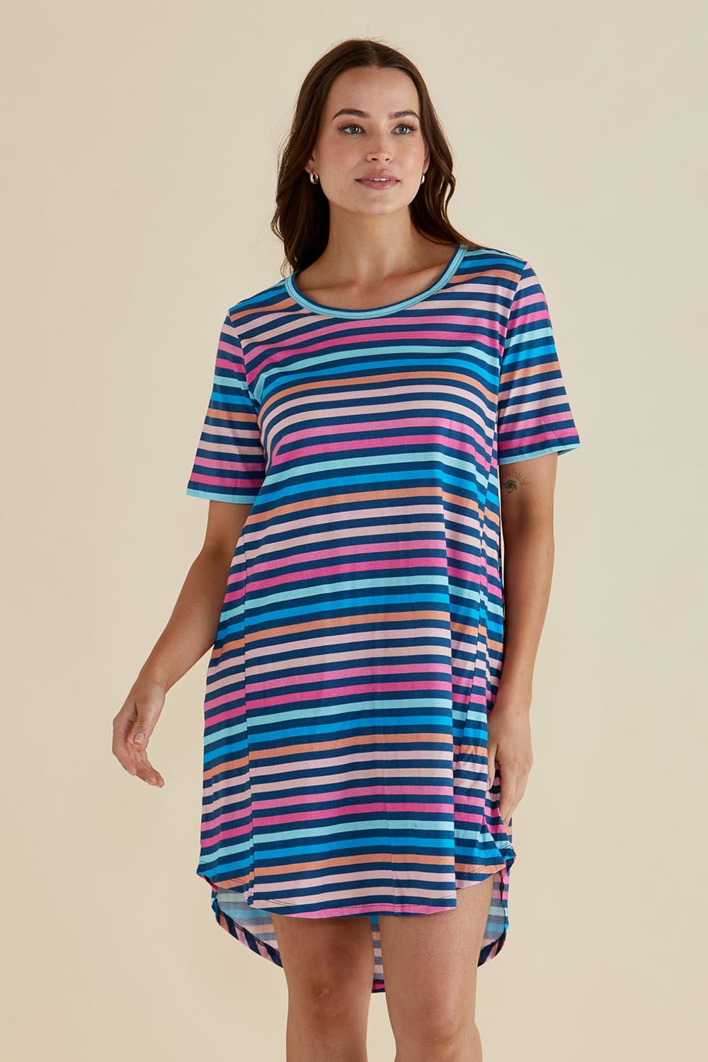 A model wearing the Nyree Cotton Dress in colour Multi, from the front, cropped image