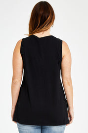 Model Laura wearing size 14 of the Audrey Tank in colour Black (Black), from the back