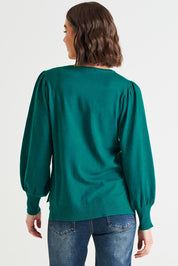 A model wearing the Charlotte Knit Jumper in colour Teal (Green), from the back