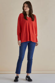 A model wearing the Destiny Knit Jumper in colour Flame (Red), from the front, showing the whole outfit