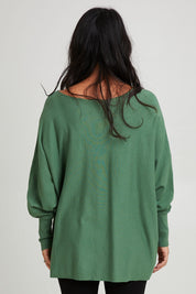 Model Katie wearing size 10 of the Destiny Knit Jumper in colour Powdergree (Green), from the back