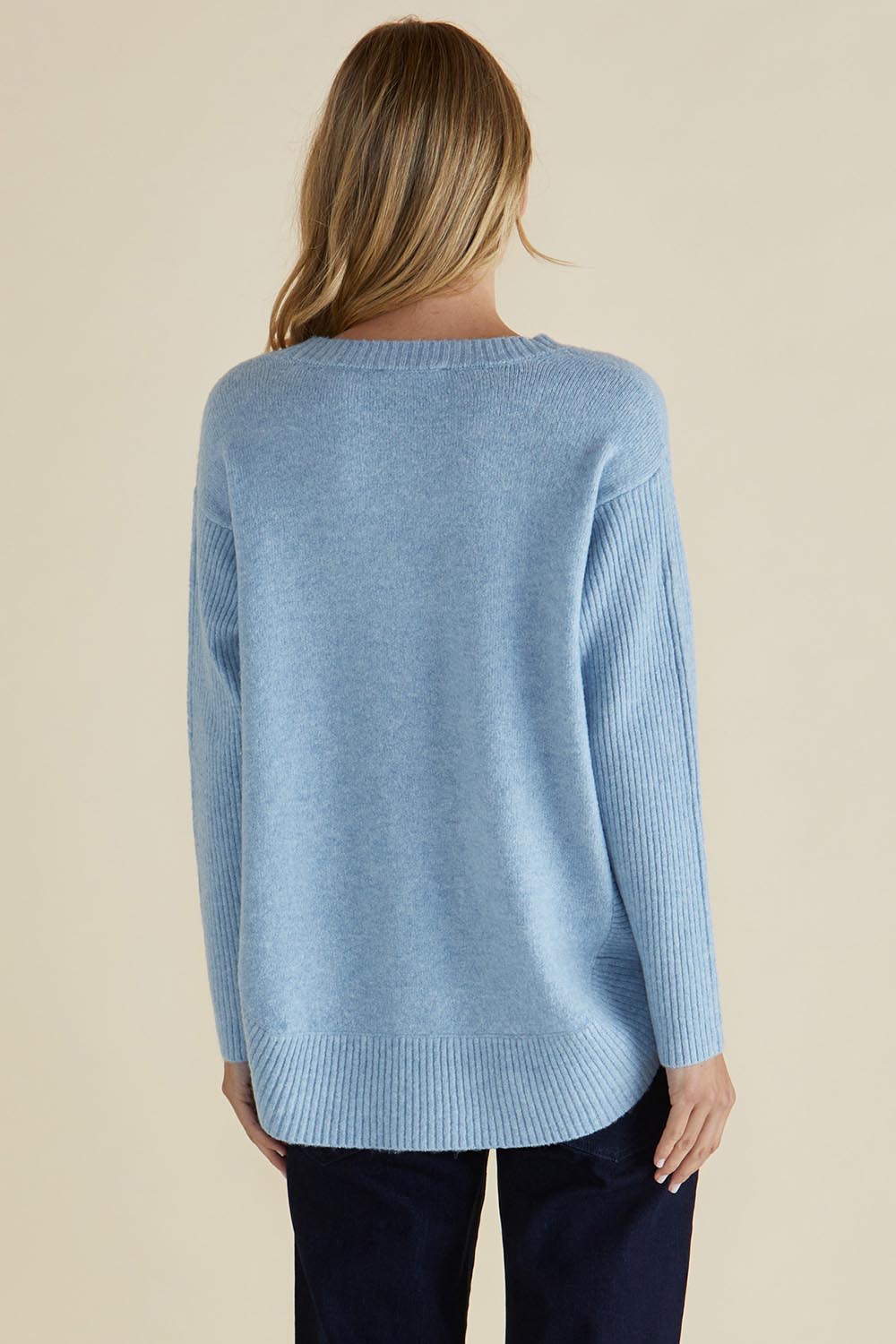 A model wearing the Soho Knit Sweater in colour Powderblue (Blue), from the back