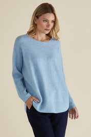 A model wearing the Soho Knit Sweater in colour Powderblue (Blue), from the front, cropped image