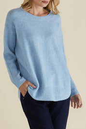 A model wearing the Soho Knit Sweater in colour Powderblue (Blue), from the front, cropped image