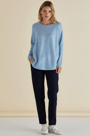 A model wearing the Soho Knit Sweater in colour Powderblue (Blue), from the front, showing the whole outfit