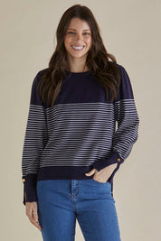 A model wearing the Colette Sweater in colour Bluecream (Blue), from the front, cropped image