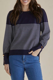 A model wearing the Colette Sweater in colour Bluecream (Blue), from the front, cropped image