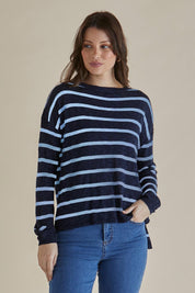 A model wearing the Natasha Cotton Blend Knit Top in colour Bluestripe (Blue), from the front, cropped image