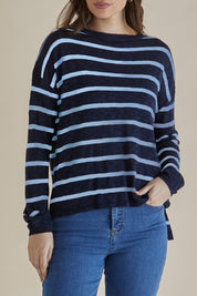 A model wearing the Natasha Cotton Blend Knit Top in colour Bluestripe (Blue), from the front, cropped image
