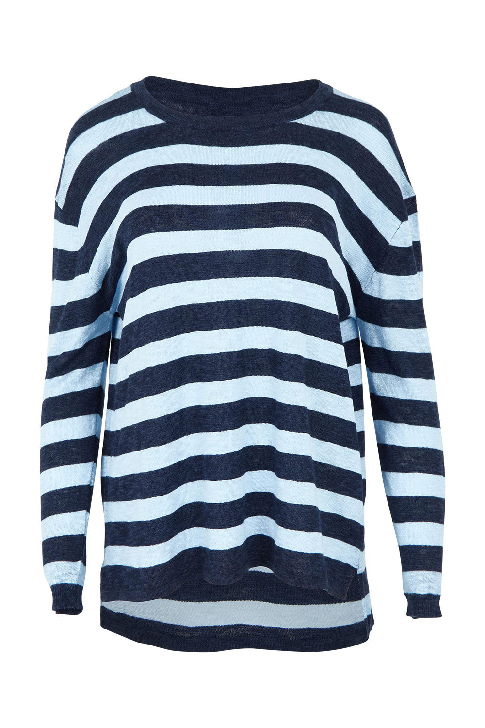 Product shot of the Natasha Cotton Blend Knit Top in colour Bluestripe (Blue), from the front