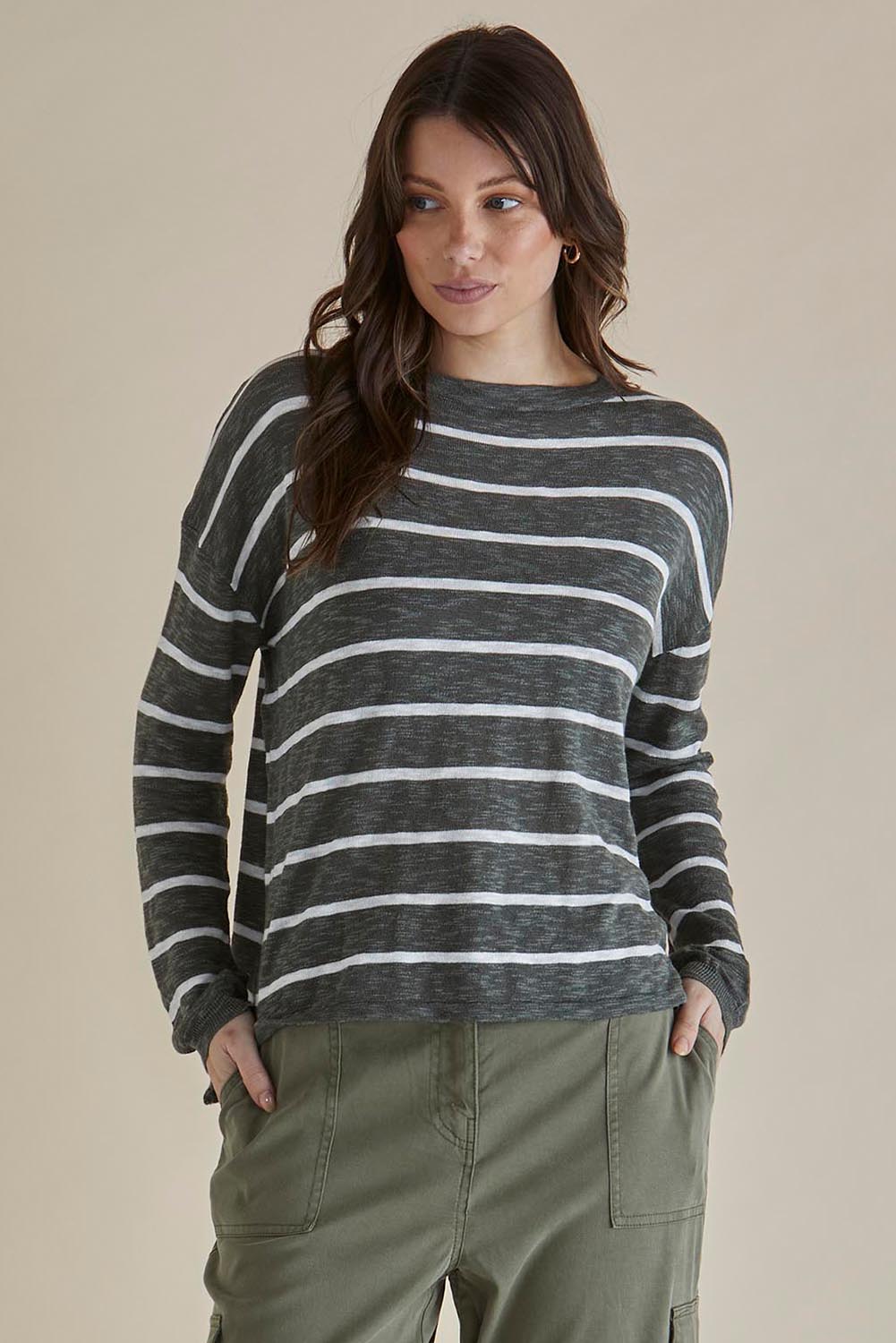 A model wearing the Natasha Cotton Blend Knit Top in colour Green (Green), from the front, cropped image