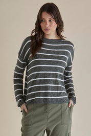 A model wearing the Natasha Cotton Blend Knit Top in colour Green (Green), from the front, cropped image