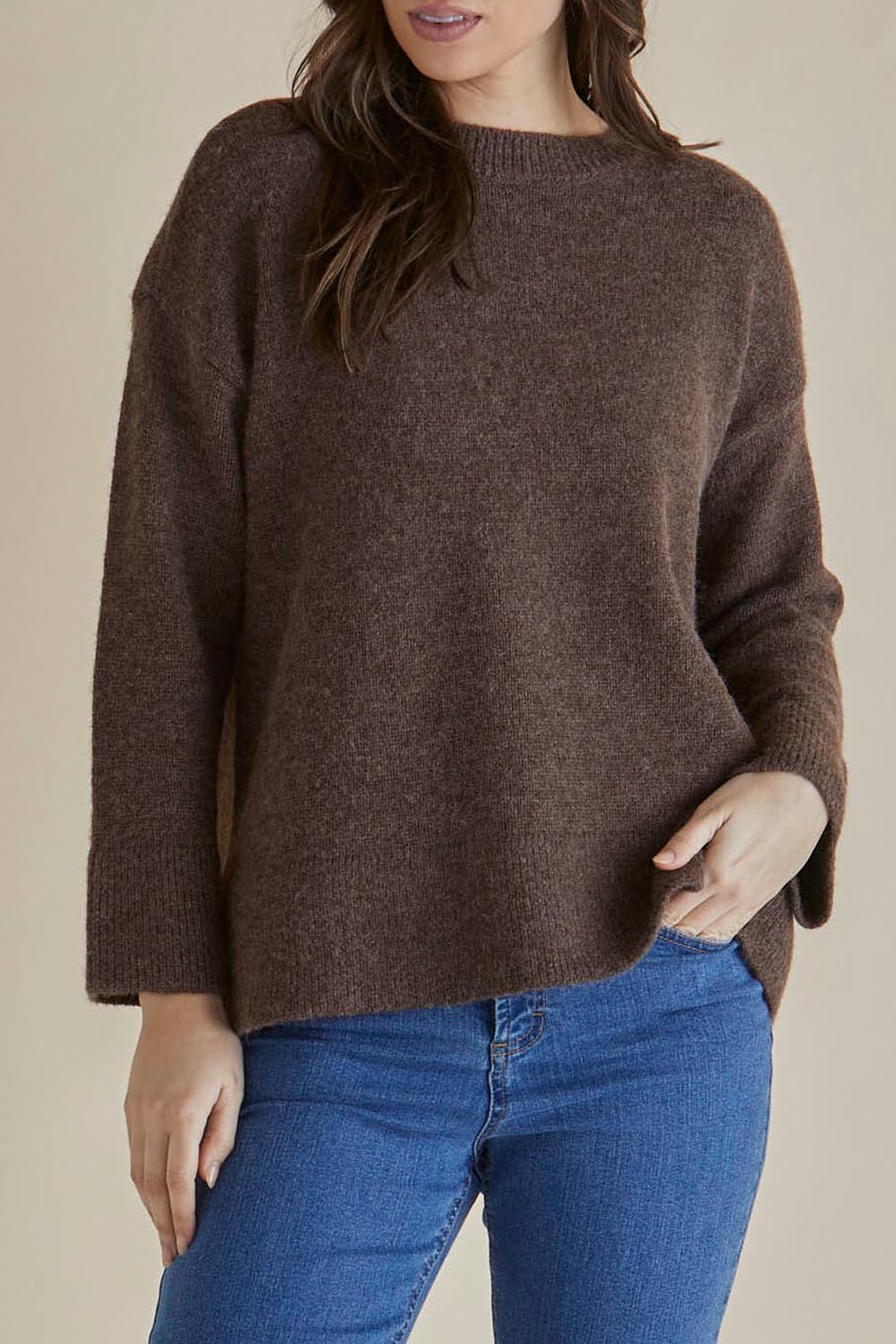 A model wearing the Edith Knit Jumper in colour Brown, from the front, cropped image