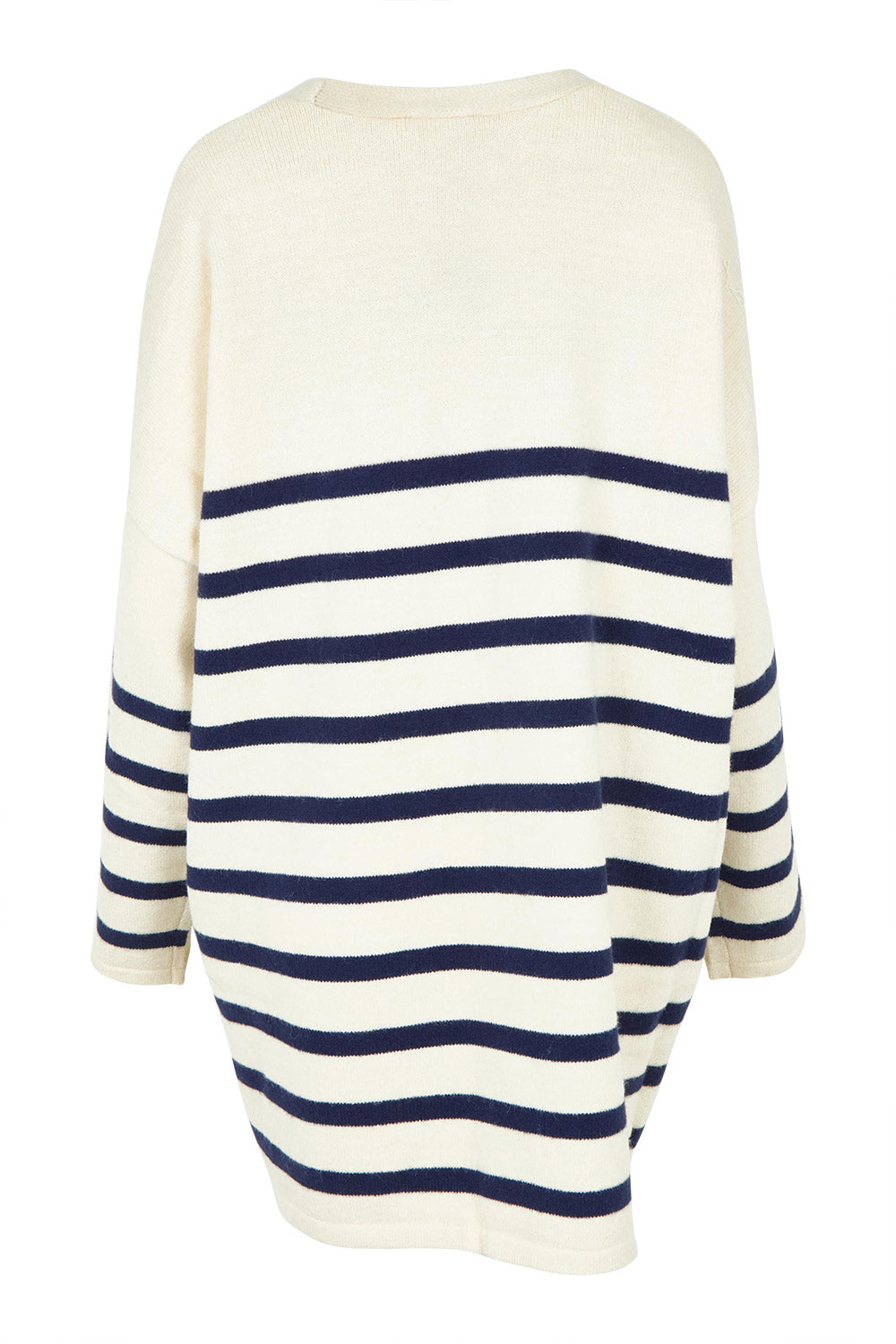 Product shot of the Emy Cardigan in colour Bluestripe (Blue), from the back