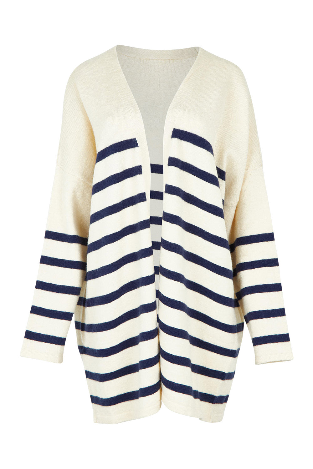 Product shot of the Emy Cardigan in colour Bluestripe (Blue), from the front