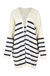 Product shot of the Emy Cardigan in colour Bluestripe (Blue), from the front