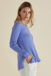 A model wearing the Cable Mini Jumper in colour Powderblue (Blue), from the front, cropped image