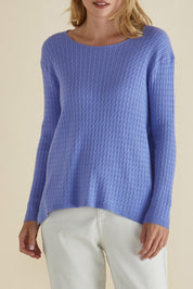 A model wearing the Cable Mini Jumper in colour Powderblue (Blue), from the front, cropped image