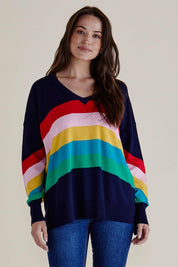 A model wearing the Mimi Sweater in colour Rainbow (Blue), from the front, cropped image