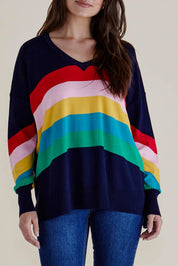 A model wearing the Mimi Sweater in colour Rainbow (Blue), from the front, cropped image