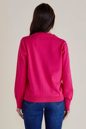 A model wearing the Leon Cotton Blend Knit Cardigan in colour Pink (Pink), from the back