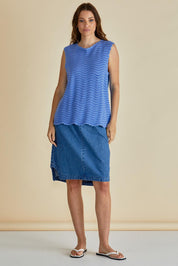 A model wearing the Aviva Cotton Tank in colour Blue (Blue), from the front, showing the whole outfit