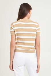 Model Madeline wearing size 10 of the Salford Cotton Knit Polo in colour Beige, from the back