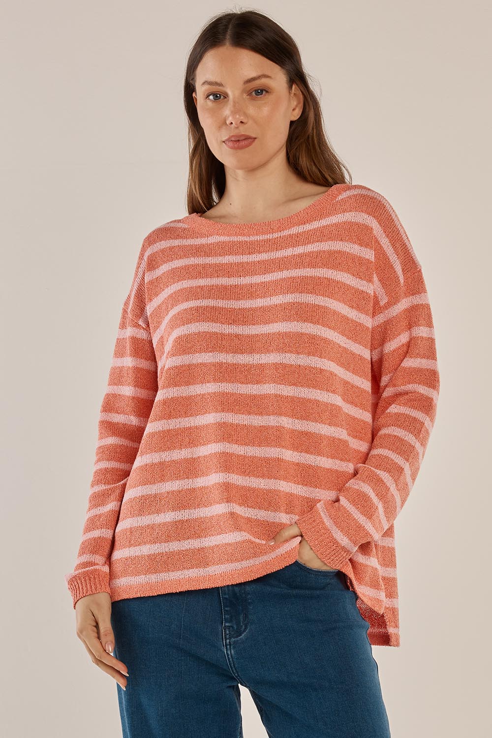 A model wearing the Bradford Knit Top in colour Coralpink (Pink), from the front, cropped image