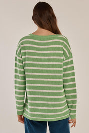 A model wearing the Bradford Knit Top in colour Greencream (Green), from the back