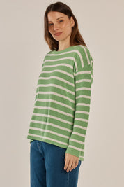 A model wearing the Bradford Knit Top in colour Greencream (Green), from the front, cropped image