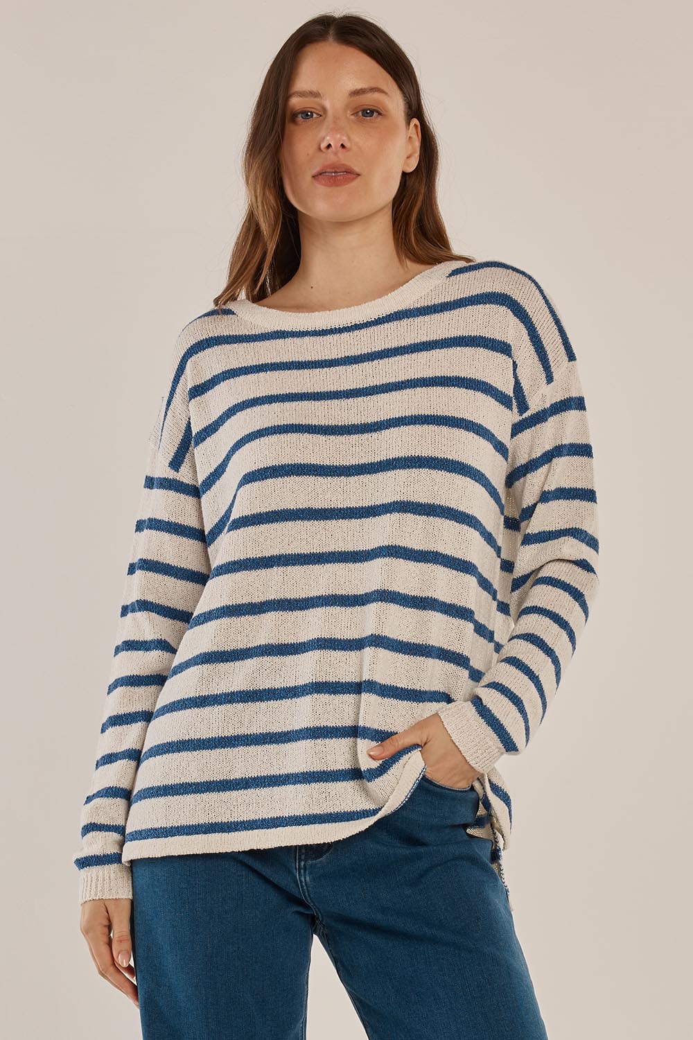 A model wearing the Bradford Knit Top in colour Nautical (Blue), from the front, cropped image
