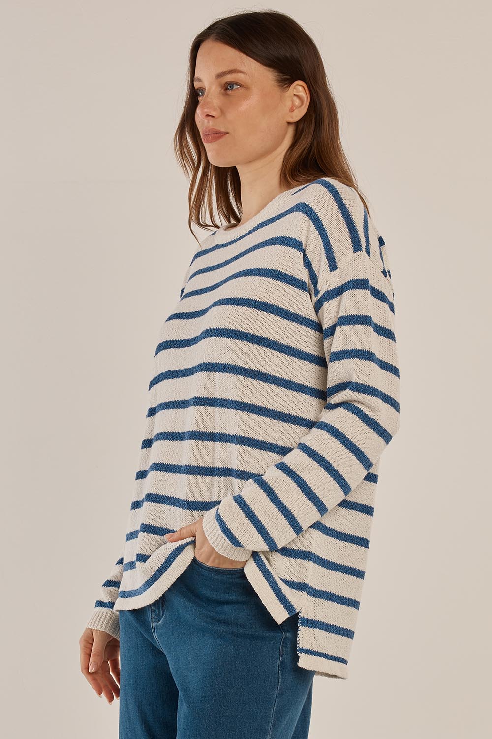 A model wearing the Bradford Knit Top in colour Nautical (Blue), from the front, cropped image
