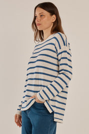 A model wearing the Bradford Knit Top in colour Nautical (Blue), from the front, cropped image