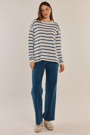 A model wearing the Bradford Knit Top in colour Nautical (Blue), from the front, showing the whole outfit