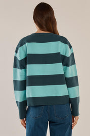 A model wearing the Leonie Knit Sweater in colour Tealblue (Blue), from the back