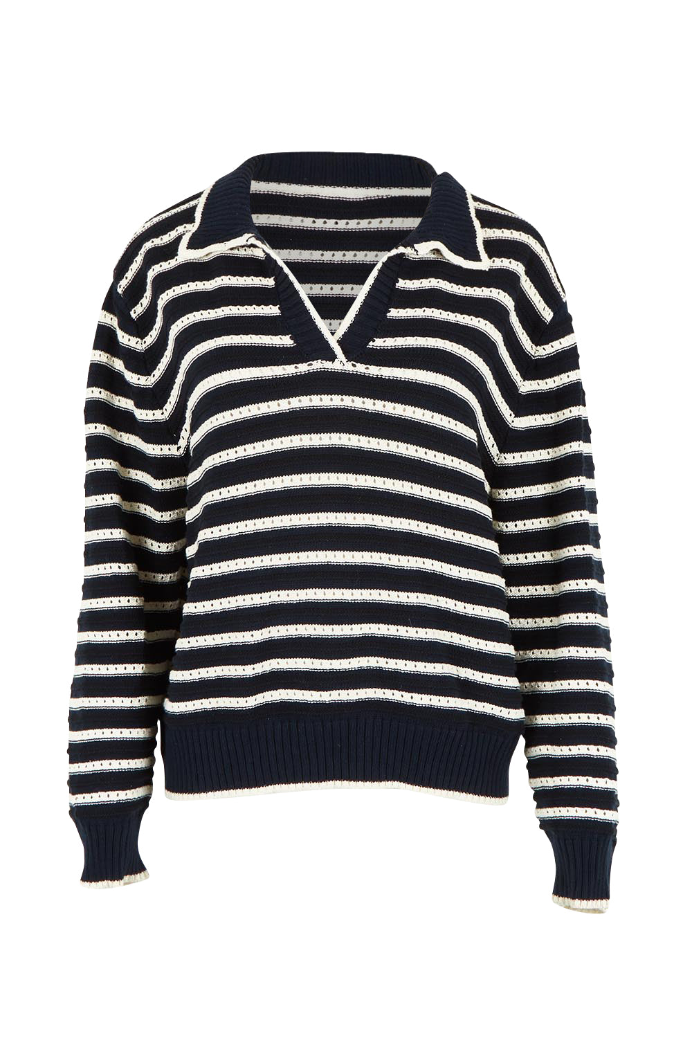 Product shot of the Aberdeen Polo Knit Sweat in colour Navystripe (Blue), from the front