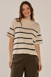 A model wearing the Bailey Boxy Sweater in colour Cream, from the front, cropped image