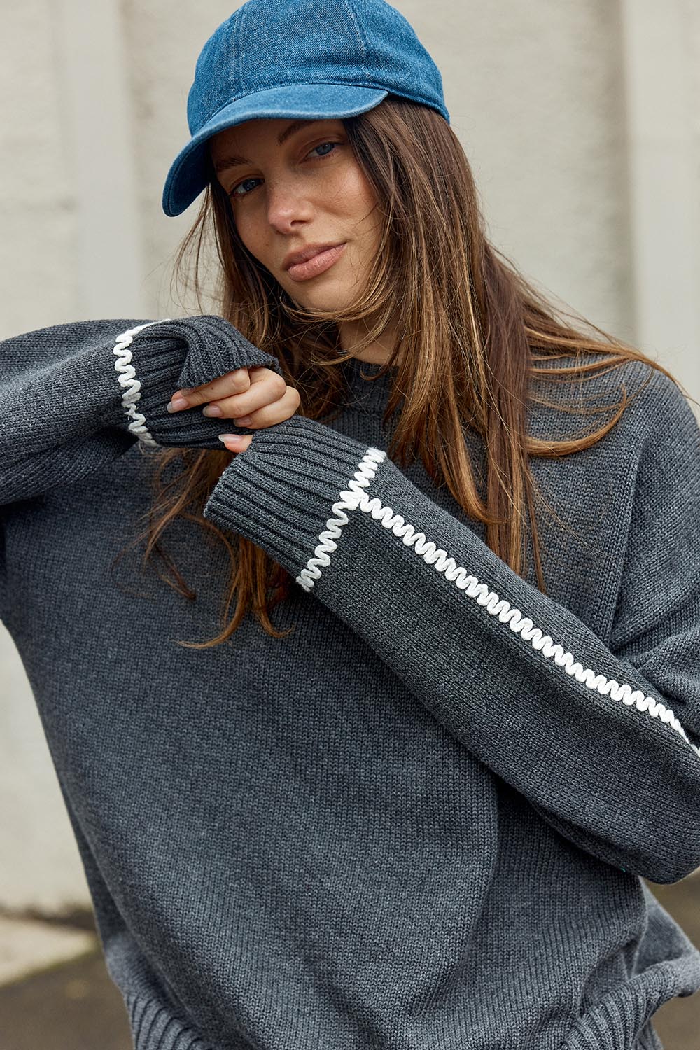 Contrast Stitch Cotton Jumper – Charcoal