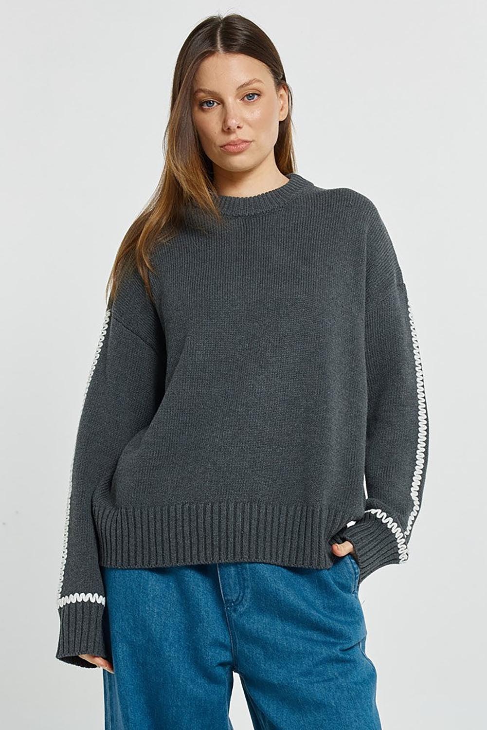 Contrast Stitch Cotton Jumper – Charcoal