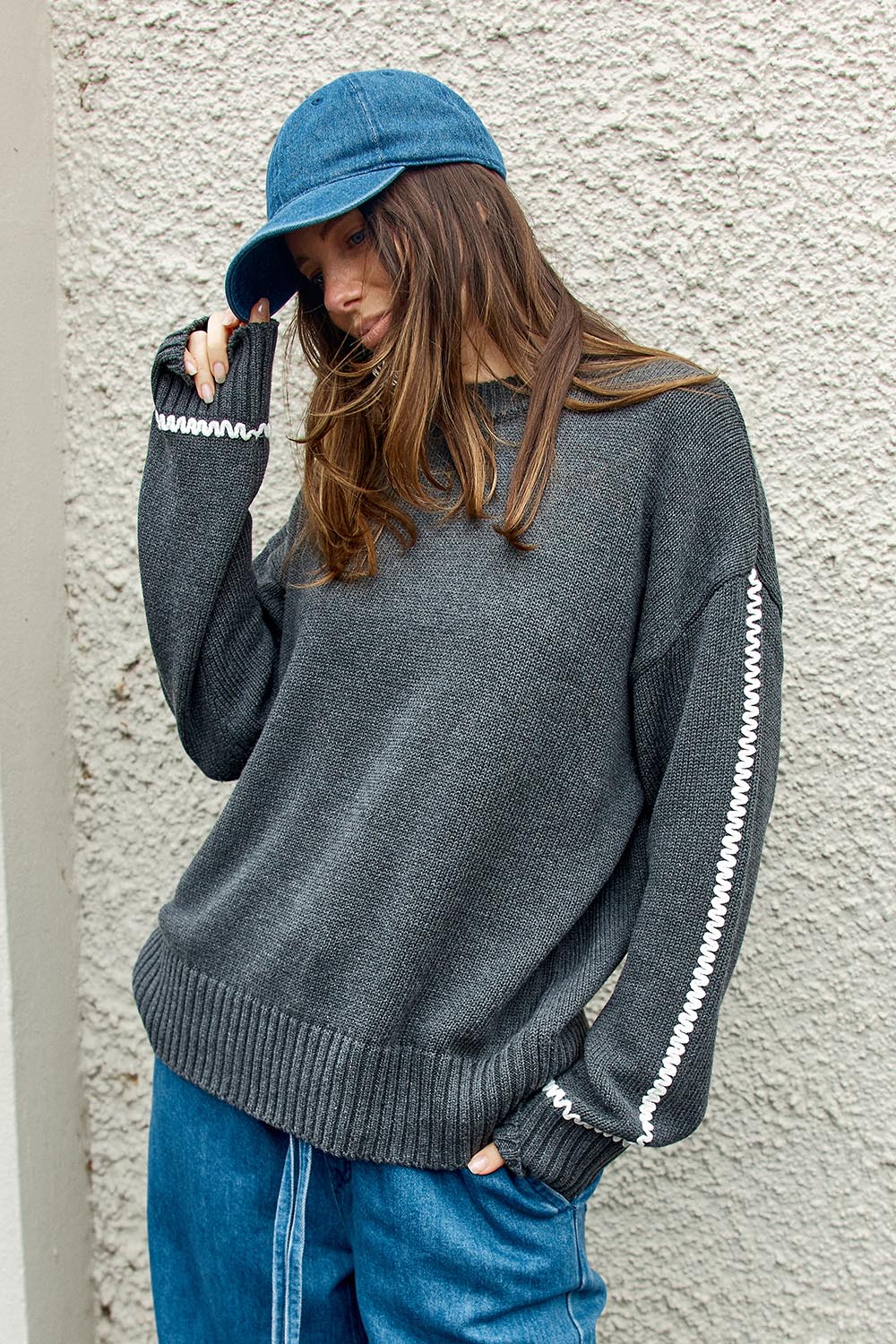 Contrast Stitch Cotton Jumper – Charcoal – birdsnest